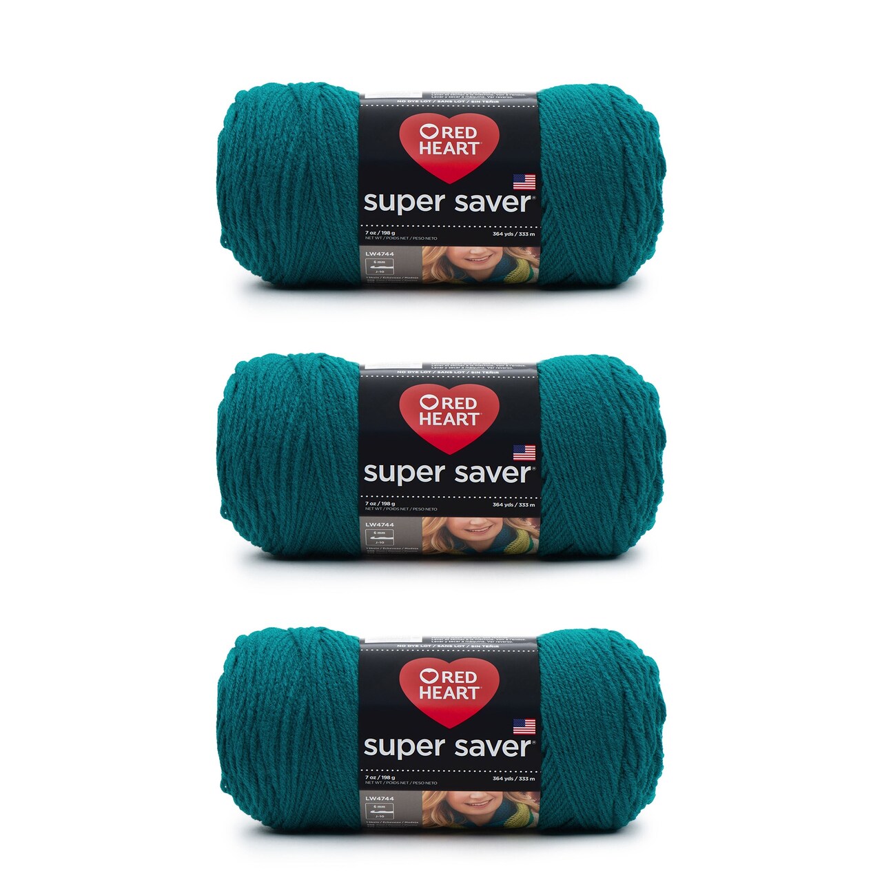 Red Heart Super Saver Real Teal Yarn - 3 Pack of 198g/7oz - Acrylic - 4 Medium (Worsted) - 364 Yards - Knitting/Crochet